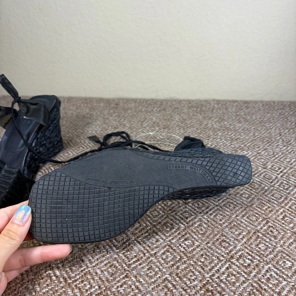 Stuart Weitzman Black Espadrille Wedge Ties Around Ankle Sandals Sz 7B Event